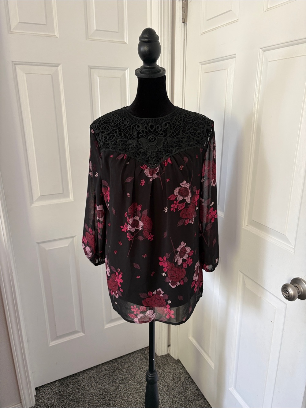 Heart Soul NWT Black Blouse with Pink Floral Print and Lace Yoke